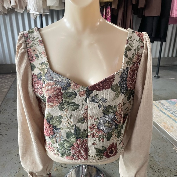 Cider Tops - Cider Floral Tapestry Cropped Blouse with Beige Corduroy Sleeves